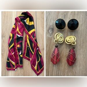 Vintage Sally Gee Silk Scarf w/Clip on Earrings
